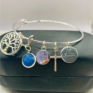 Silver Tone Charm Bracelet Bangle with Tree of Life, Cross, and Faith Charms